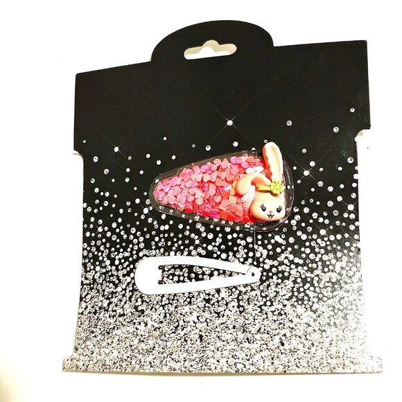 Bunny Shaker Hair Clip Set Pink Snap Barrettes Heart Confetti Cute Kawaii Gifts - Picture 4 of 4